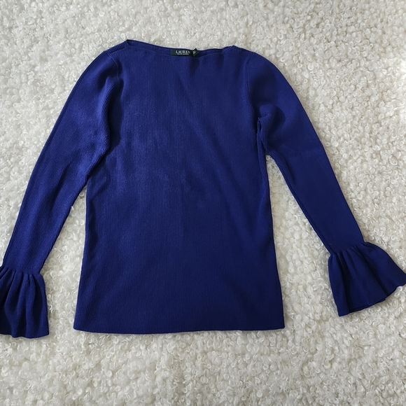 Ralph Lauren Sz L Blue Purple Fitted Bell Sleeve Ribbed Knit Pullover Flare Cuff - Picture 10 of 14